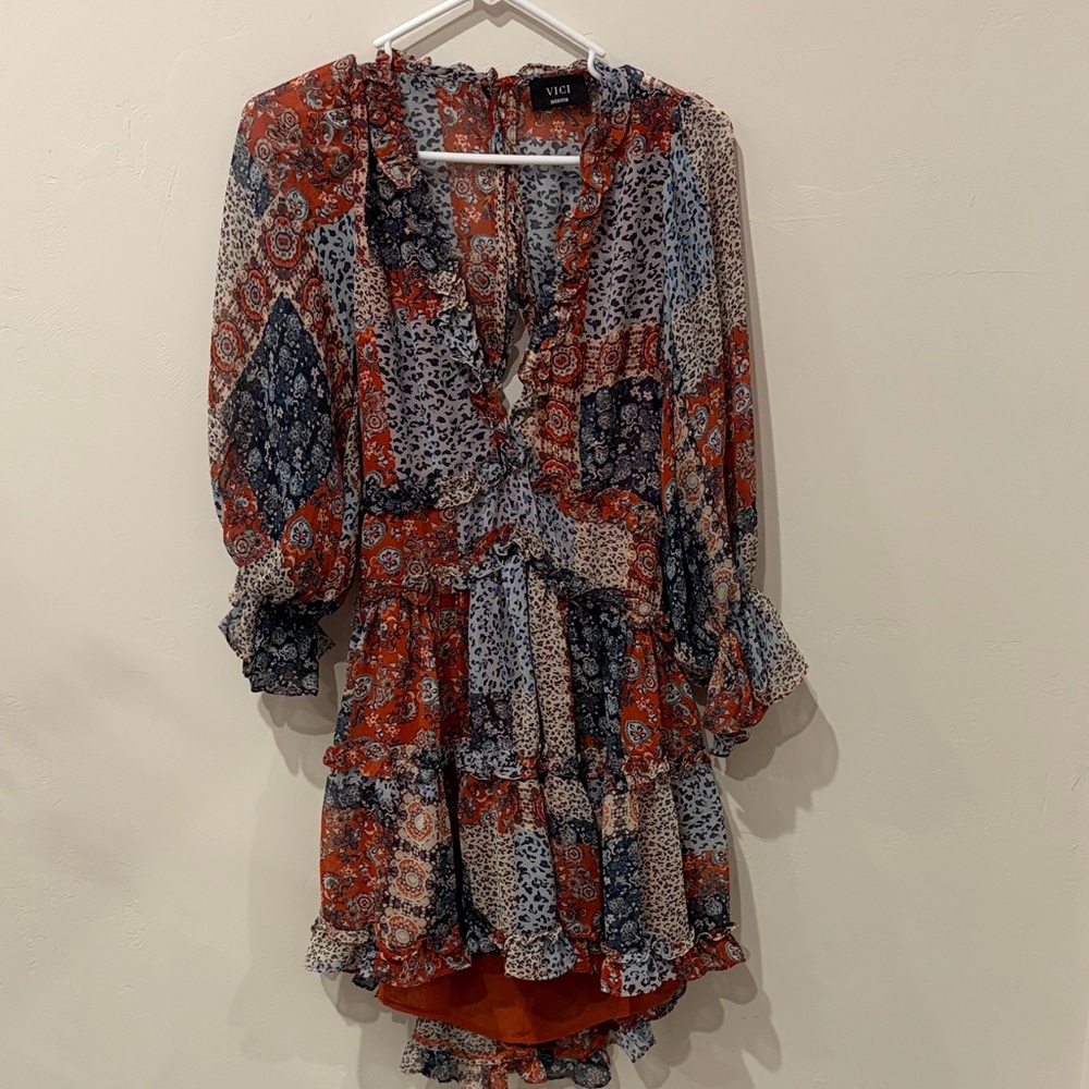 Vici Patchwork Mini Dress in Red, Blue, and Cream